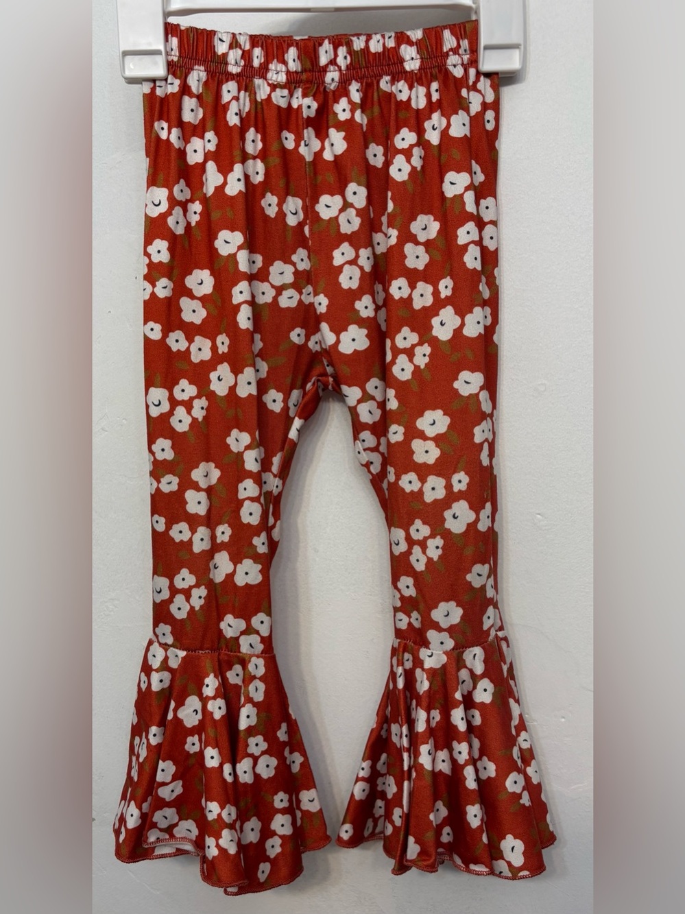 Orange Red With White Floral Print Ruffle Hem Bell Bottom Pants Kids Girls 4t